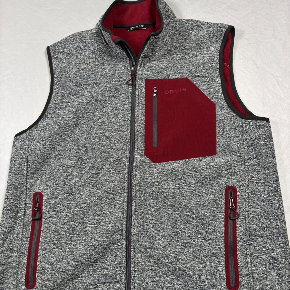 Orvis Fleece Vest Mens L Gray Red Full Zip Mock‎ Neck Bonded Knit Pockets